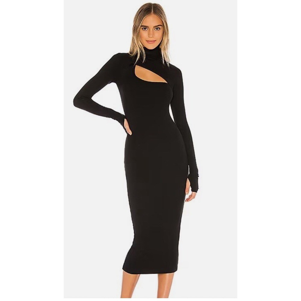 ALIX NYC Black Ribbed Turtleneck Cutout Long Sleeve Midi Dress